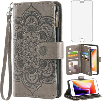 iPhone 7/8/SE 2020/2022 Wallet Case w Tempered Glass Screen Protector - Grey