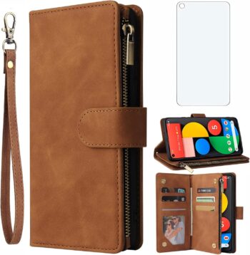 For Google Pixel 5 Tempered Glass Screen Protector and Leather Magnetic Wallet