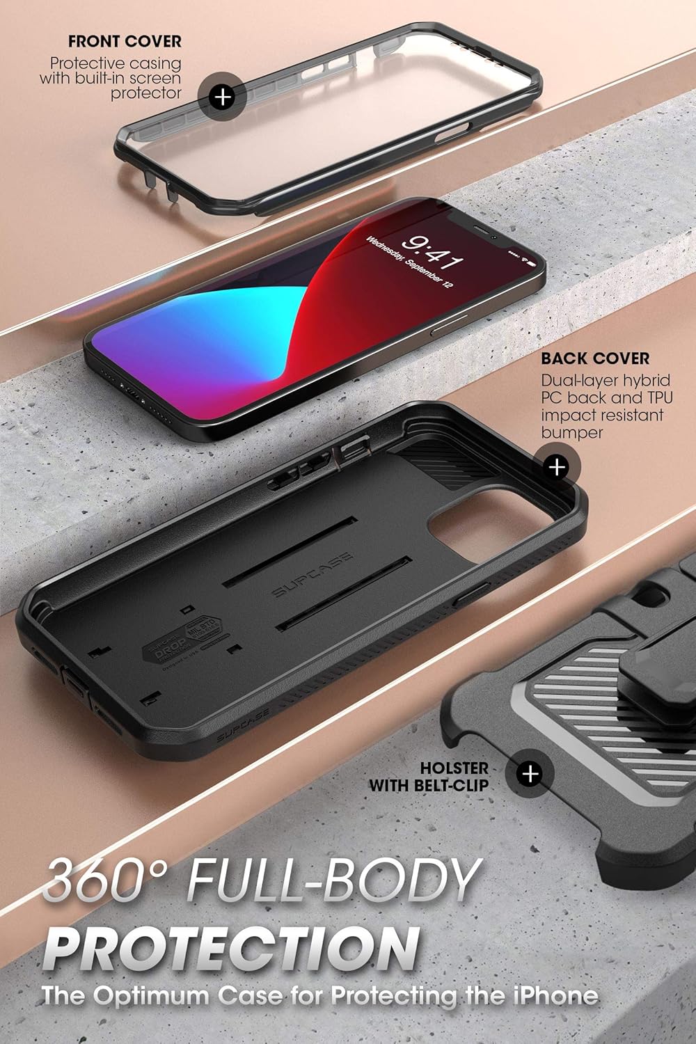 iPhone 12/12 Pro (2020) 6.1 Inch, Built-in Screen Protector Case (Black) - Image 4