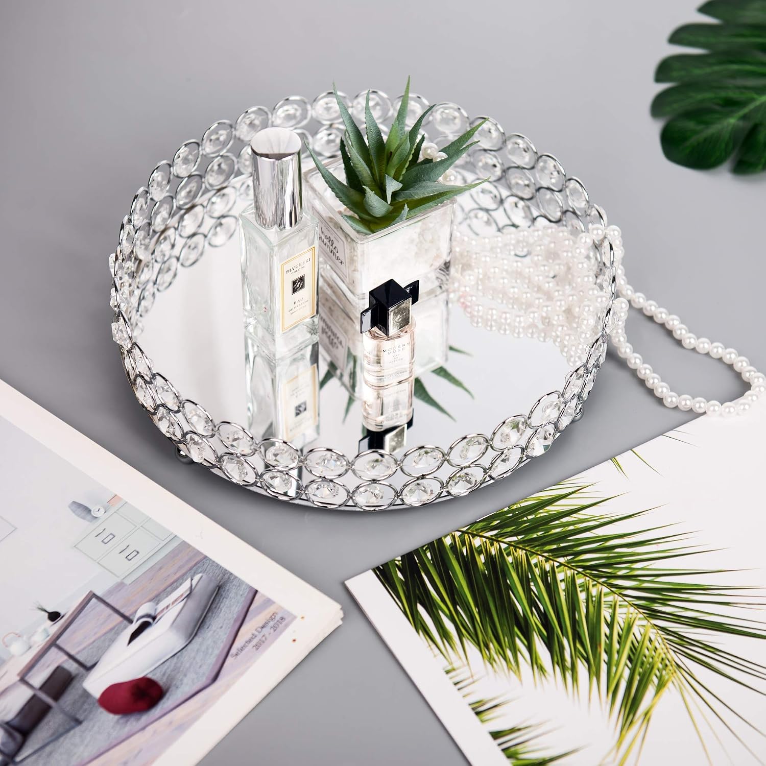 Crystal Beads Cosmetic Round Tray Jewelry Organizer Mirrored Decorative(Silver) - Image 5