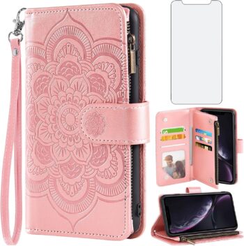 For iPhone XR 6.1 Wallet Case and Tempered Glass Screen Protector Leather Flip