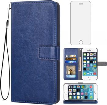 iPhone 5SE 2016 Tempered Glass Screen Protector Card Holder Wallet Case