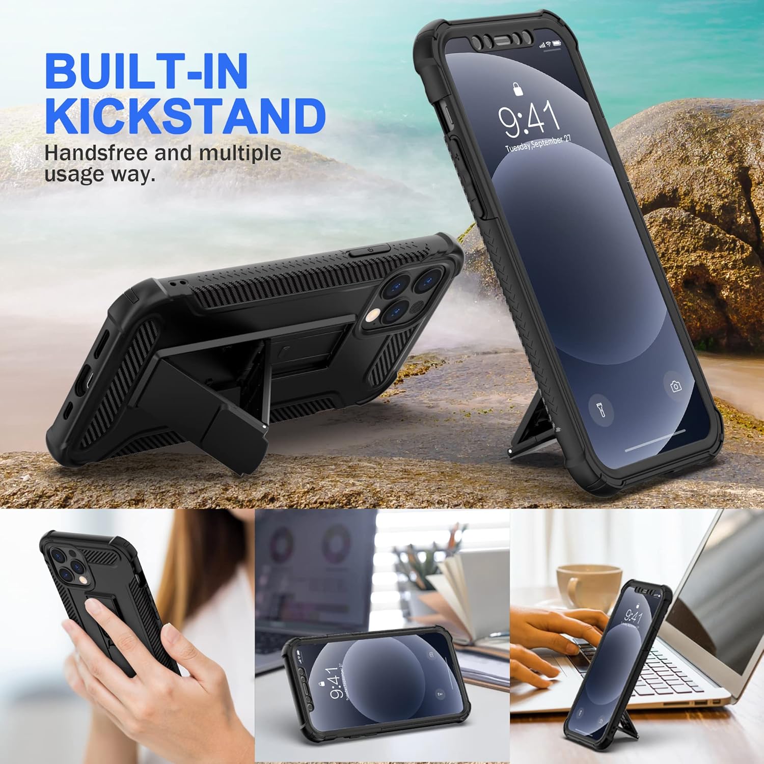 For iPhone 12 Pro Max Case, Military Grade Shockproof Silicone Bumper - Black - Image 6