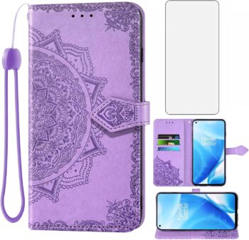 For OnePlus Nord N200 5G Tempered Glass Screen Protector Flip Wallet - Purple