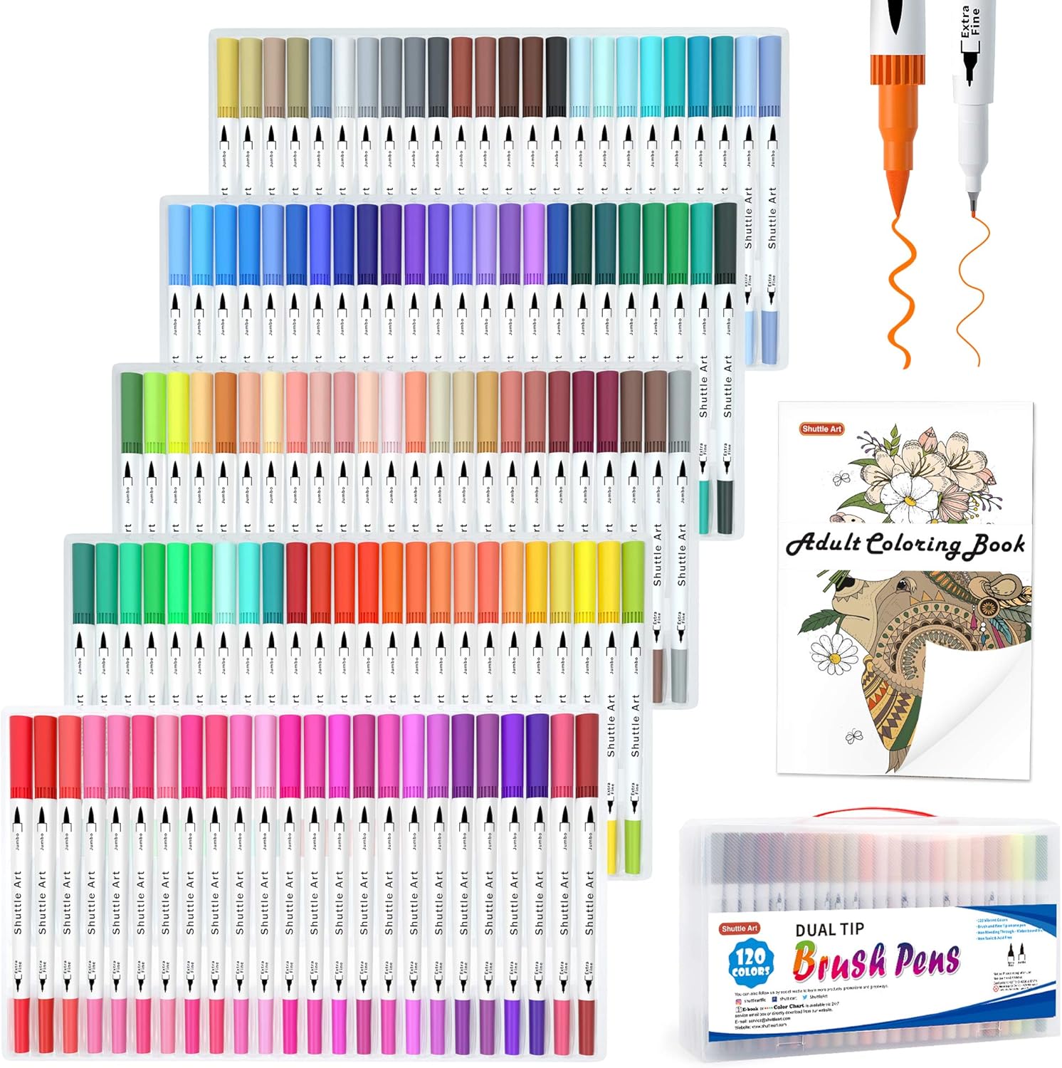 120 Colors Dual Tip Brush Art Marker Pens with 1 Coloring Book, Fine and Brush