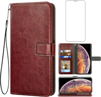 For iPhone Xs 5.8" Tempered Glass Screen Protector and Flip Wallet Case
