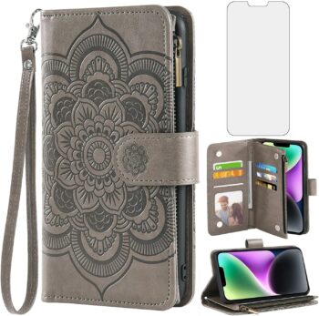 iPhone 14 6.1 inch Tempered Glass Screen Protector and Leather Flip Wallet Case