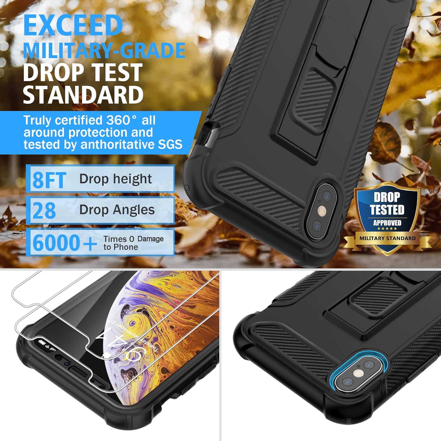 iPhone Xs Max, 2x Glass Screen Protector Shockproof Protective Case - Black - Image 5