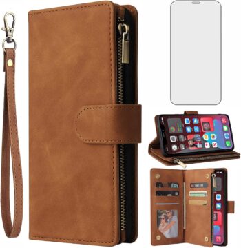 For iPhone 11 6.1" Tempered Glass Screen Protector and Leather Flip Wallet Case