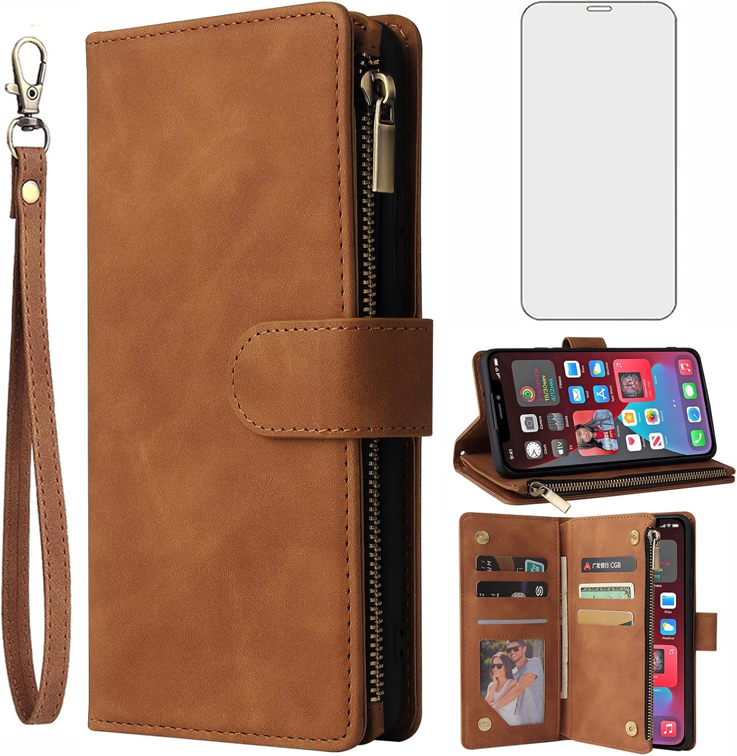For iPhone 11 6.1" Tempered Glass Screen Protector and Leather Flip Wallet Case