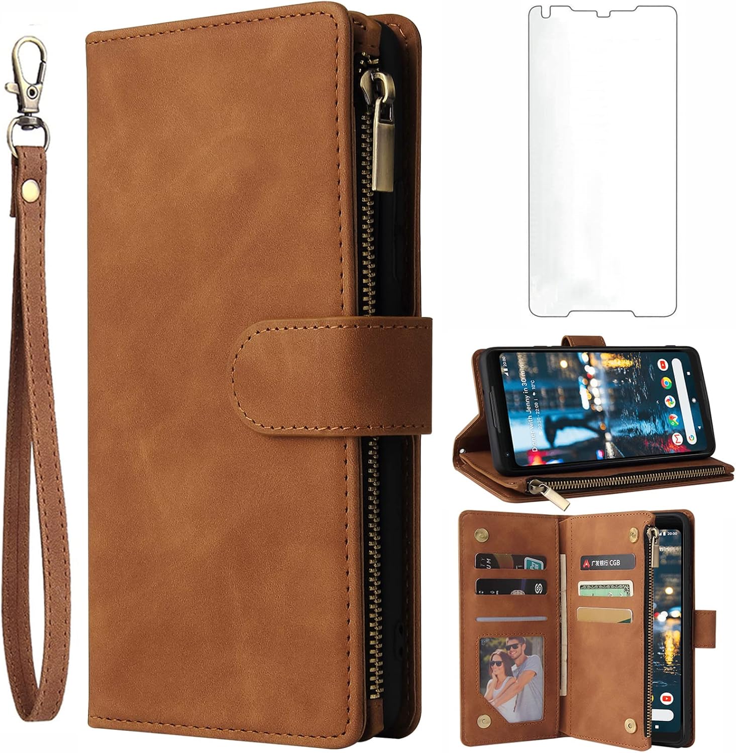 Google Pixel 2XL Tempered Glass Screen Protector and Leather Flip Wallet Case