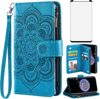 for Samsung Galaxy S9 Plus Tempered Glass Screen Protector Leather Flip Wallet