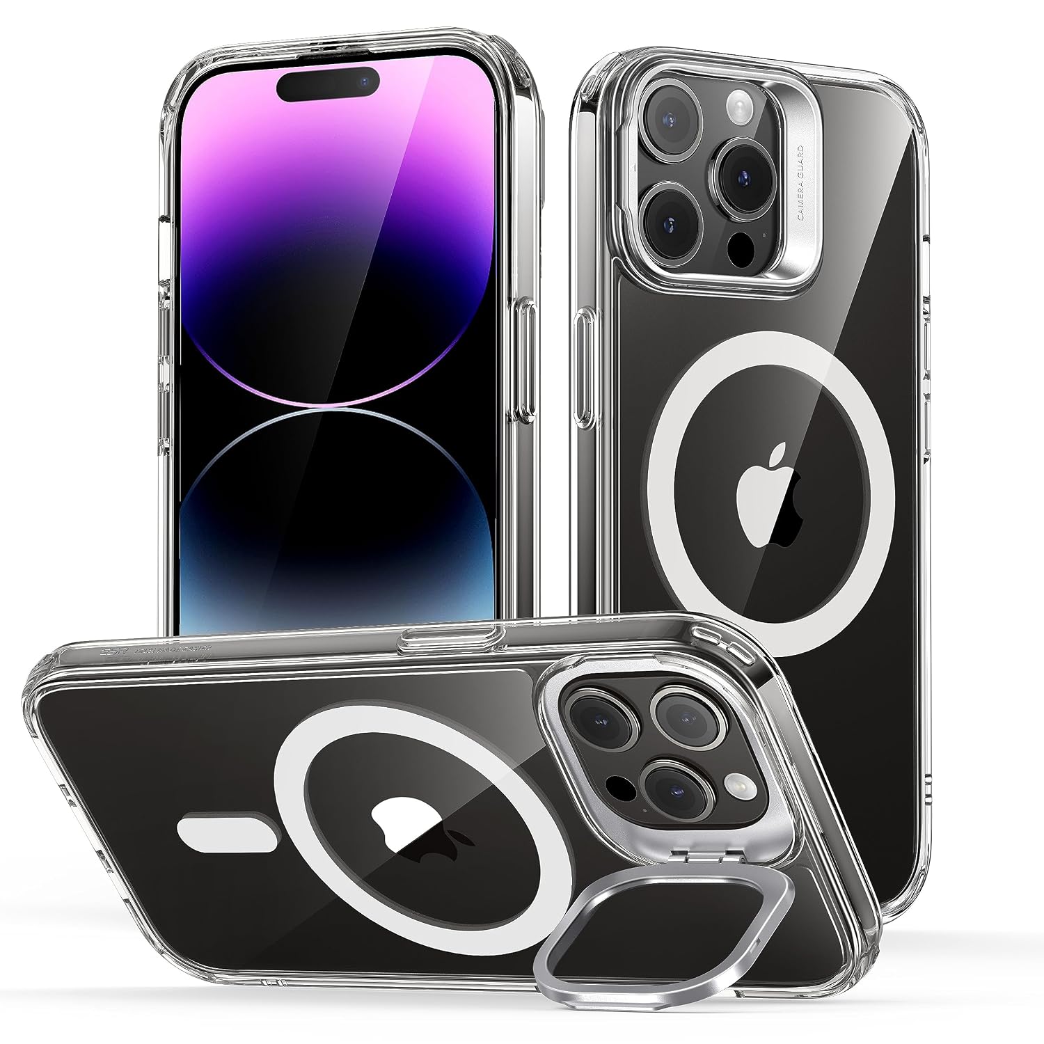 iPhone 14 Pro Max, Built-in Camera Stand, Military-Grade Protection, Clear Case