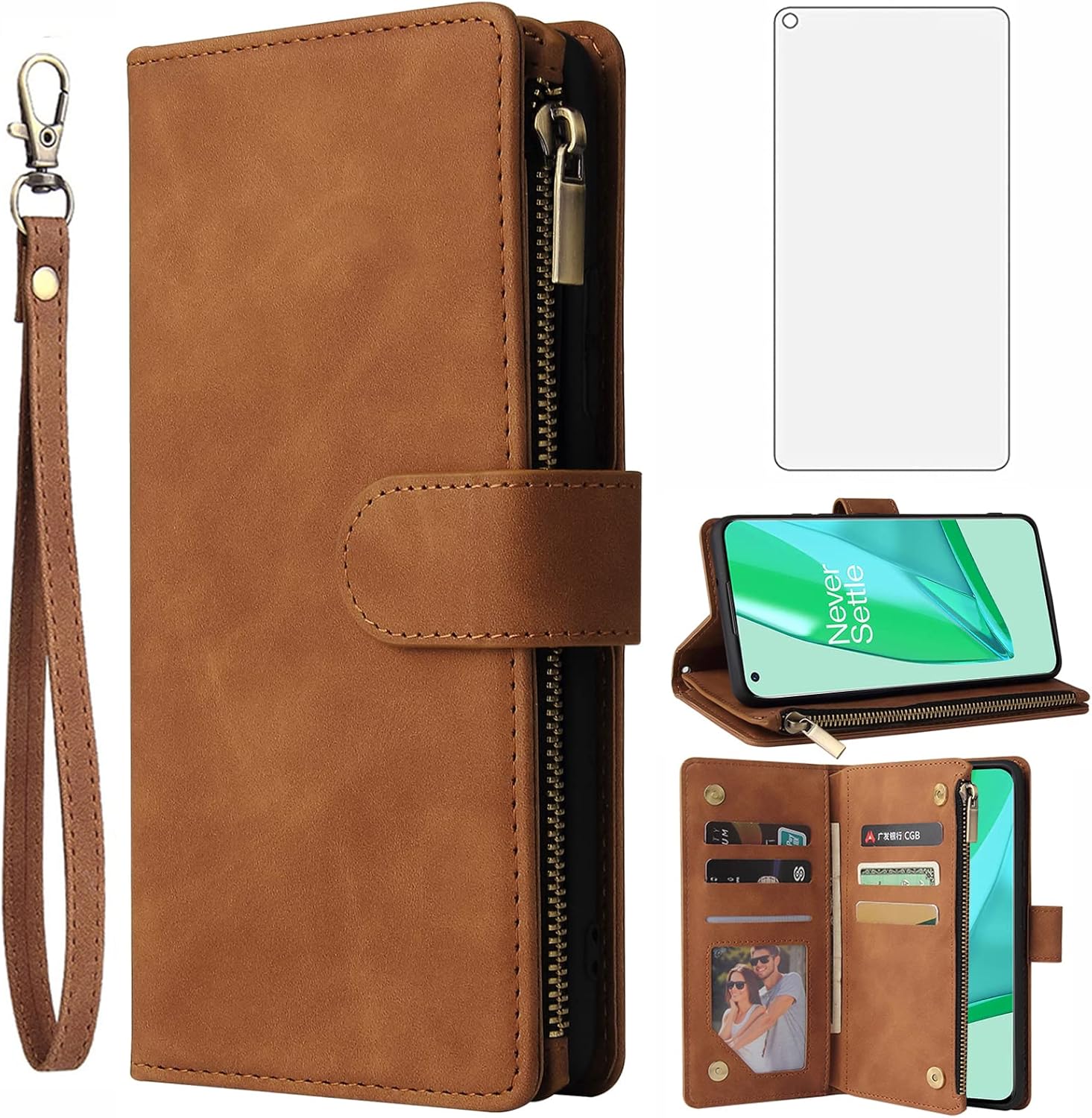 For OnePlus 9 Pro One 5G Tempered Glass Screen Protector Flip Wallet Case