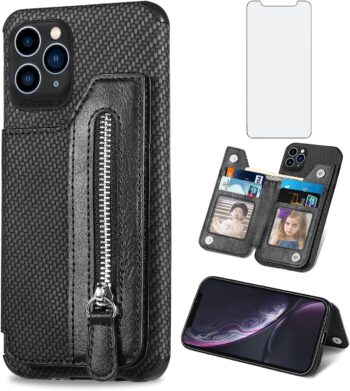 For iPhone 11 Pro Max 6.5" Wallet Case with Tempered Glass Screen - Black
