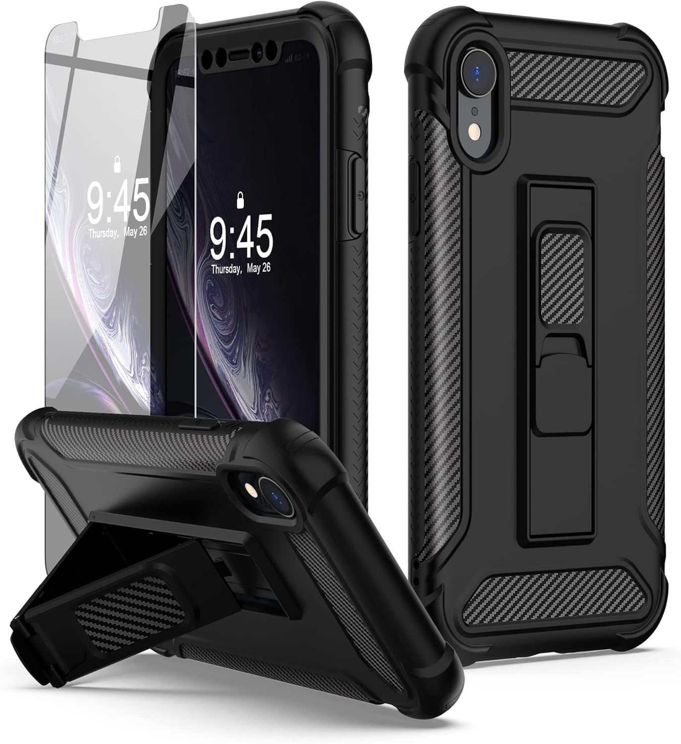 For iPhone XR Case, with 2 x Screen Protectors Full Body Shockproof Case - Black