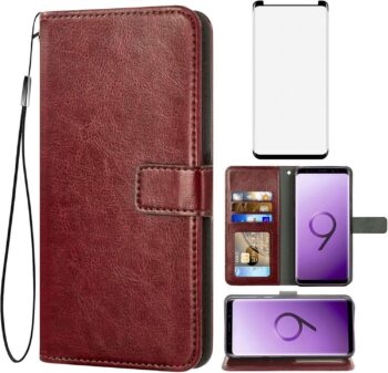 For Samsung Galaxy S9 Tempered Glass Screen Protector and Flip Leather Wallet