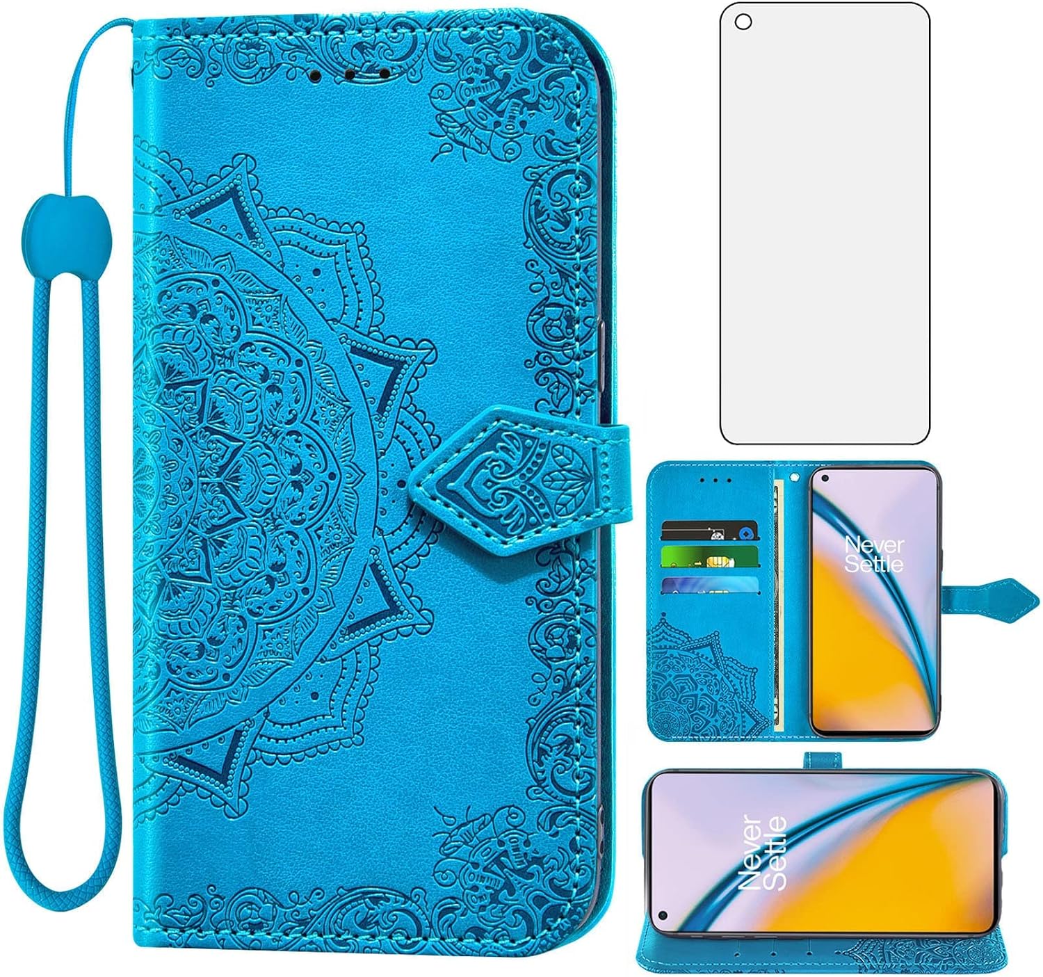 For OnePlus Nord 2 5G Tempered Glass Screen Protector Flip Wallet Case - Blue - Image 2