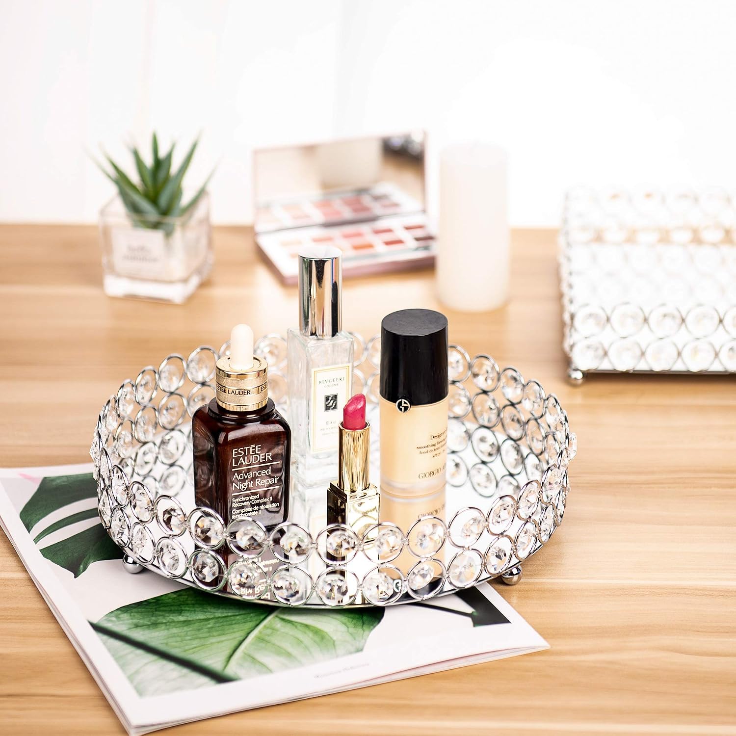 Crystal Beads Cosmetic Round Tray Jewelry Organizer Mirrored Decorative(Silver) - Image 6