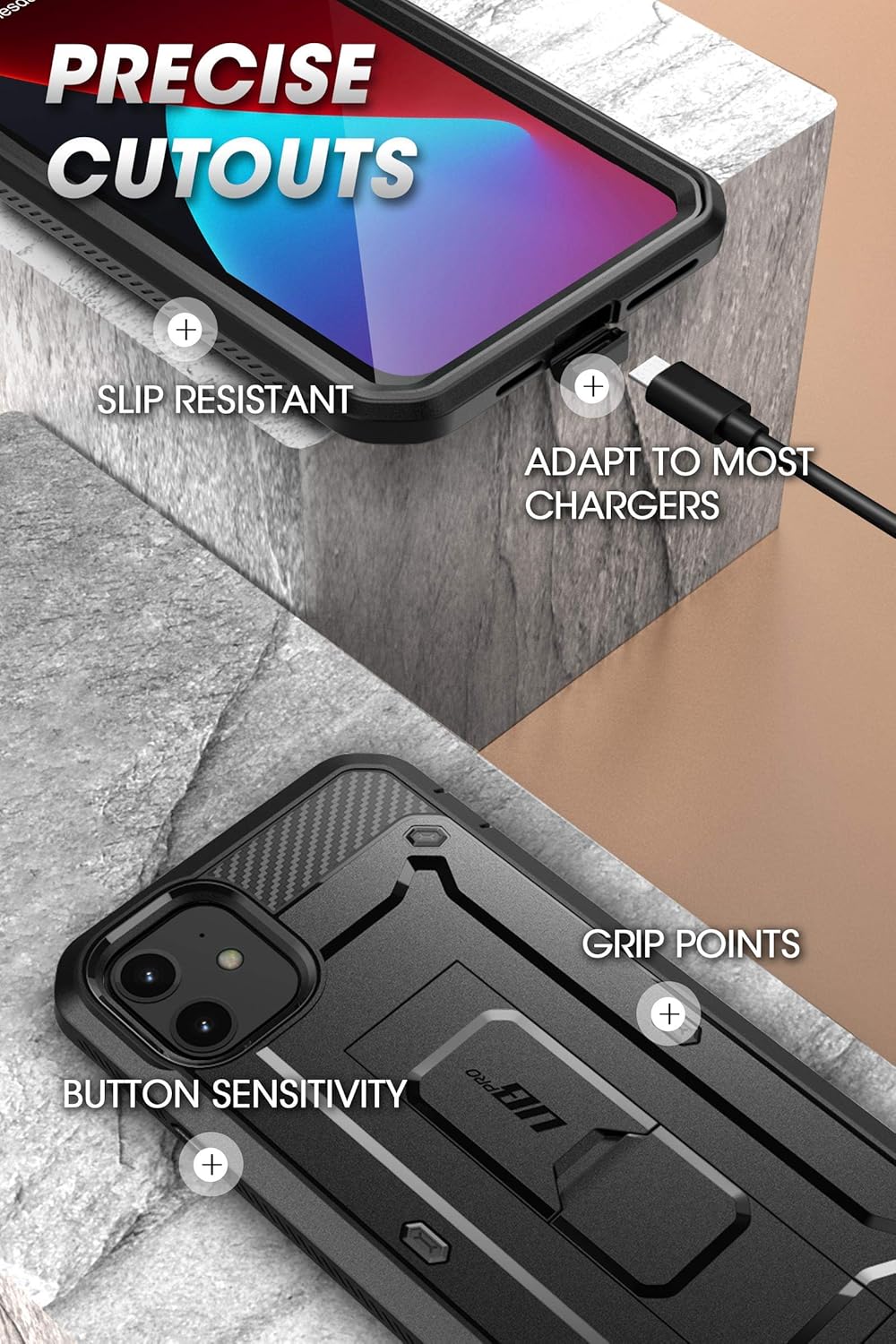 iPhone 12/12 Pro (2020) 6.1 Inch, Built-in Screen Protector Case (Black) - Image 6
