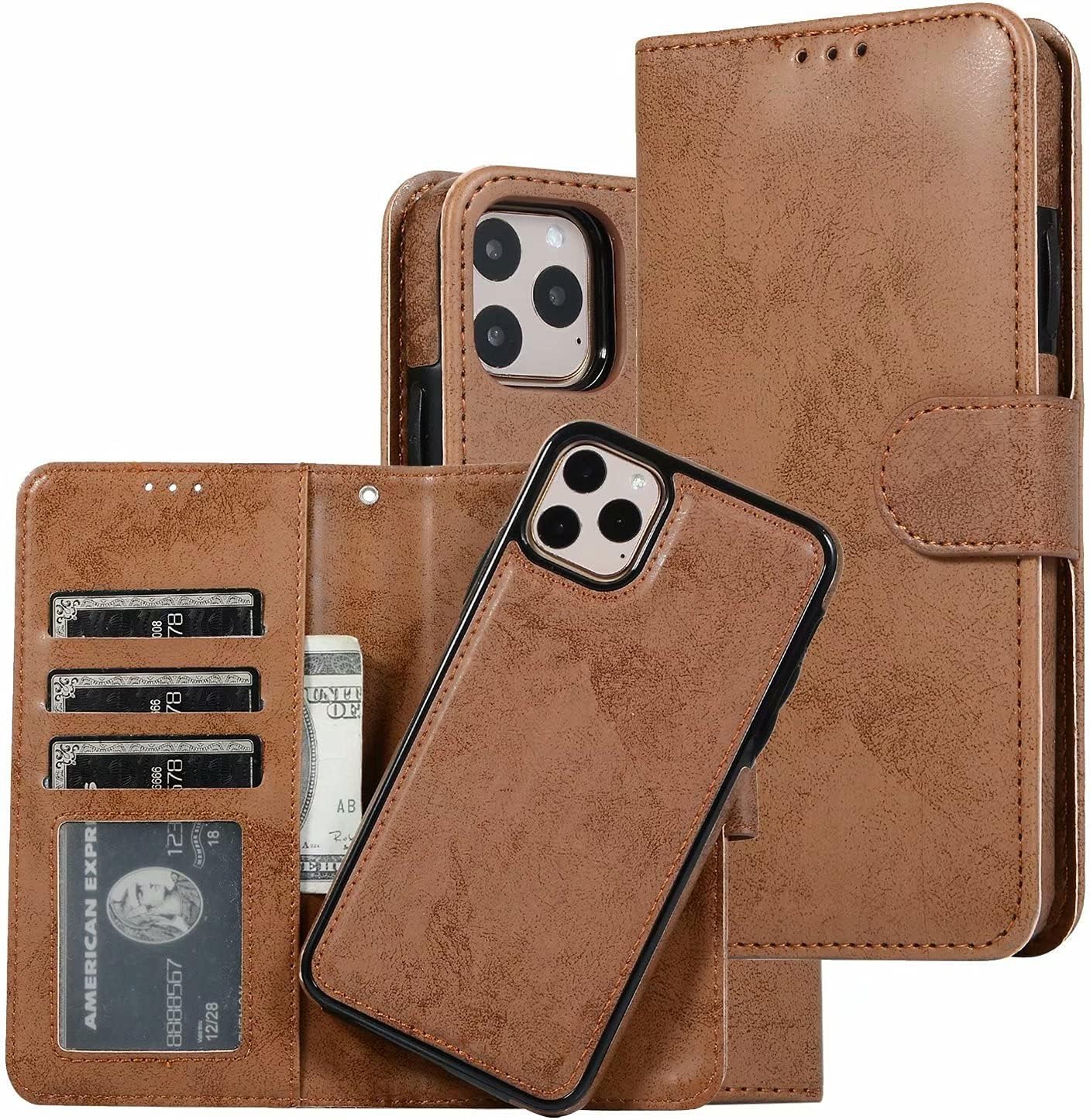 Magnetic Detachable Wallet Case with Card Slots for iPhone 12 Pro Max - Brown