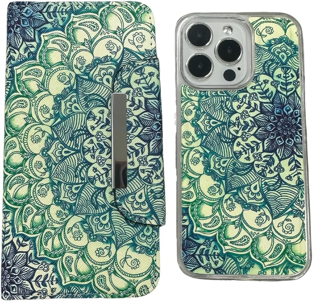 For iPhone 14 Pro Max Magnetic Detachable 2 in 1 Wallet Case Mandala Design