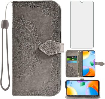 For Xiaomi Redmi 10C Tempered Glass Screen Protector Leather Flip Wallet - Grey
