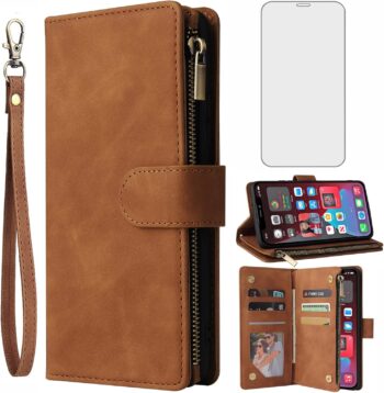 For iPhone Xs Max Tempered Glass Screen Protector and Flip Wallet Case - Brown