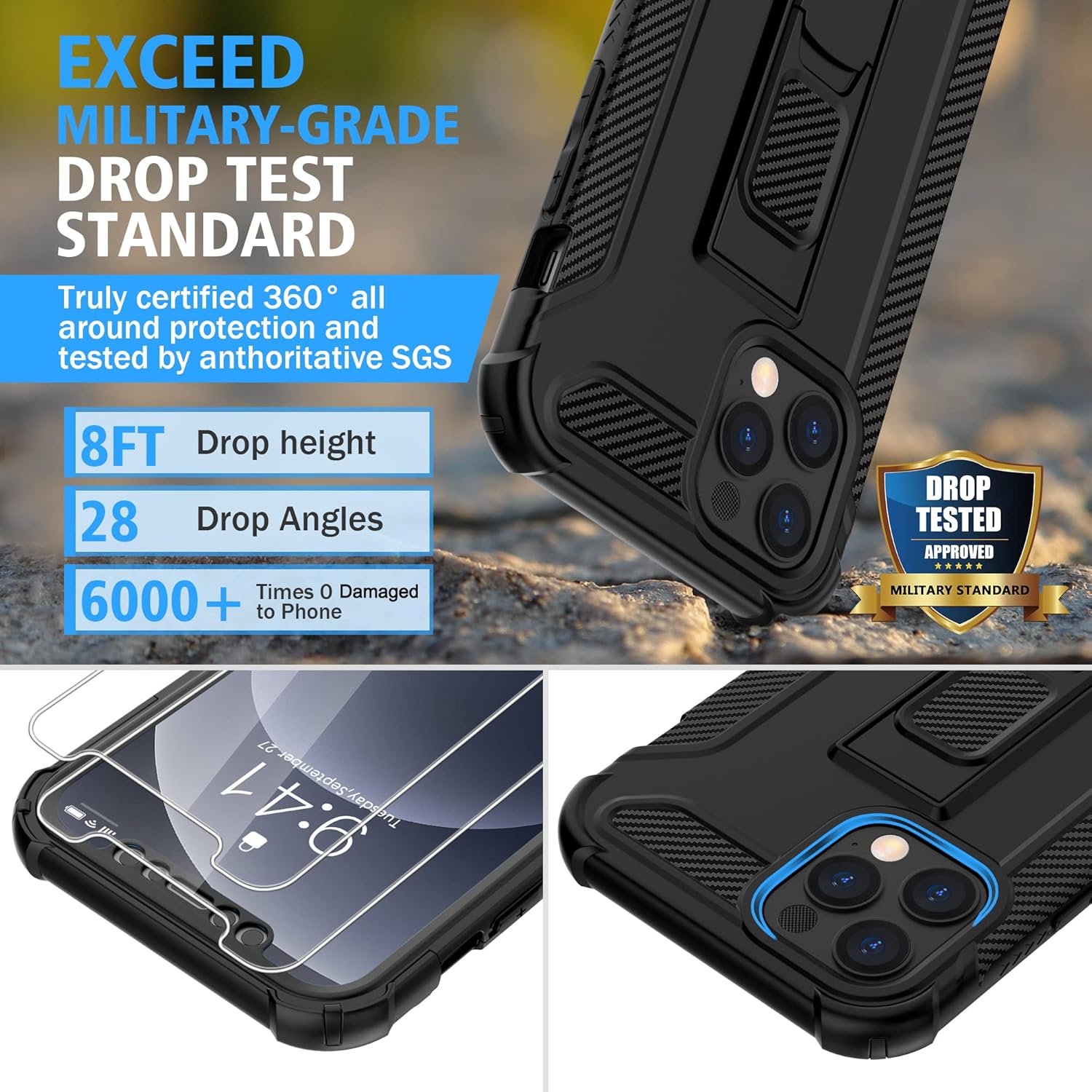 For iPhone 12 Pro Max Case, Military Grade Shockproof Silicone Bumper - Black - Image 3