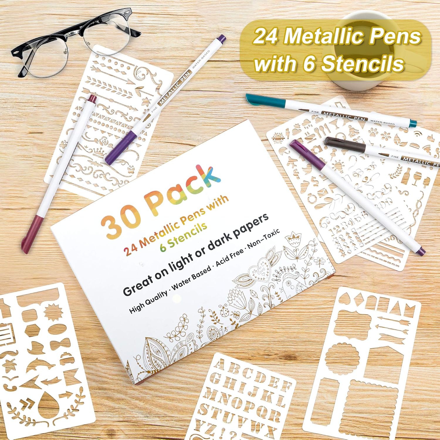 30 Pack Metallic Marker Pens, Lineon Fine Tip Paint Pens with 6 Stencils - Image 2
