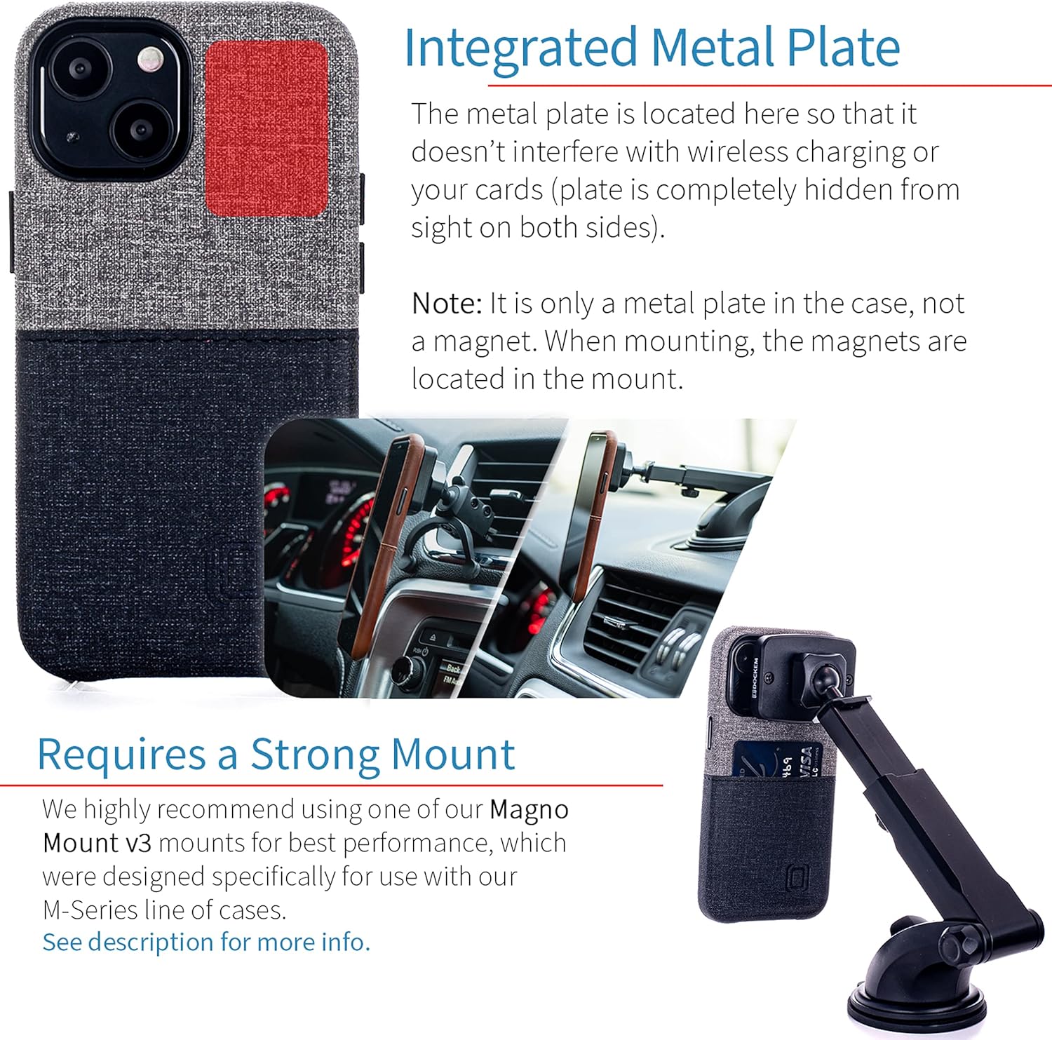 Wallet Case for iPhone 13 Mini w Built-in Metal Plate for Mounting - Black/Grey - Image 3