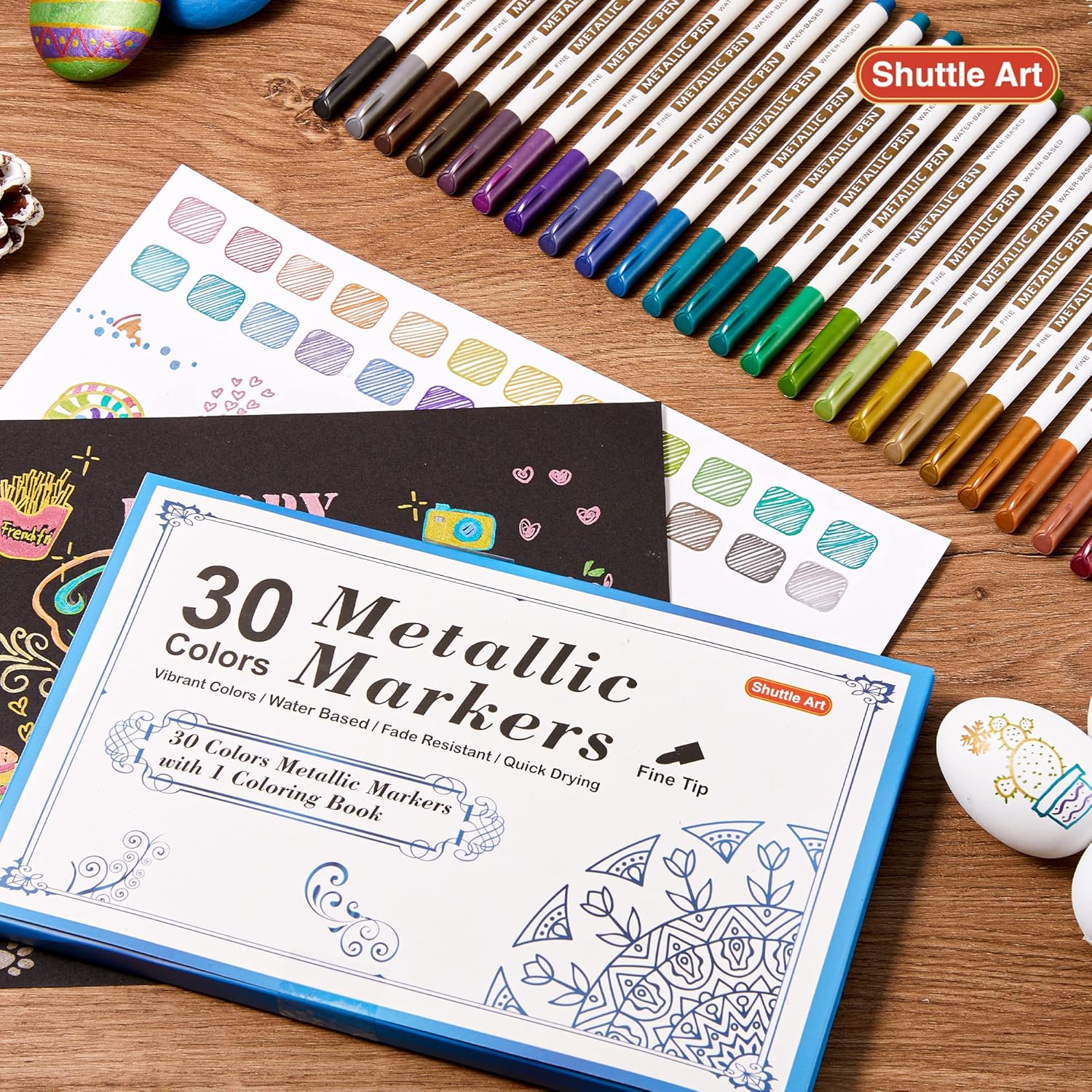 Metallic Pens Set, 30 Colours Metallic Marker Pens with 1 Book, Fine Tip - Image 9