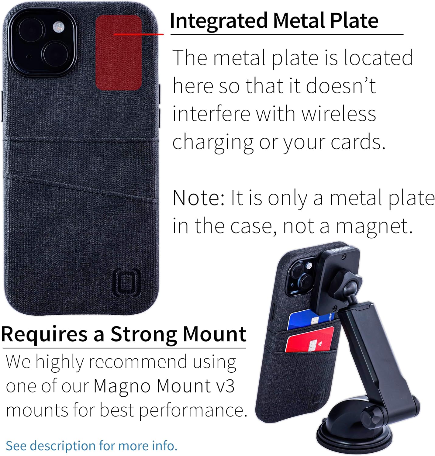 For iPhone 15 Plus w Built-in Metal Plate for Magnetic Mounting Leather Wallet - Image 3