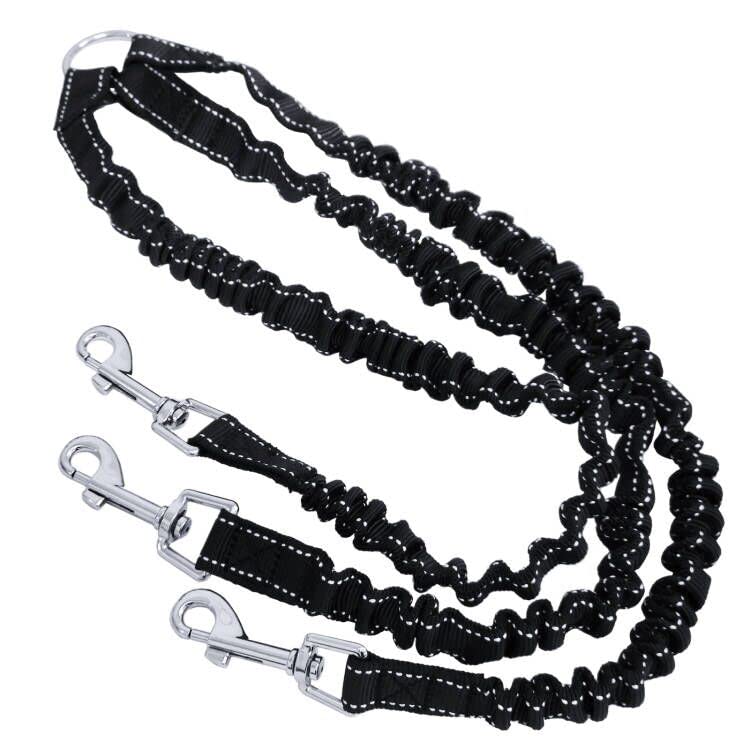 3 Way Black No-Tangle Triple Coupler Dog Bungee Walking Leash Lead Rope Strap