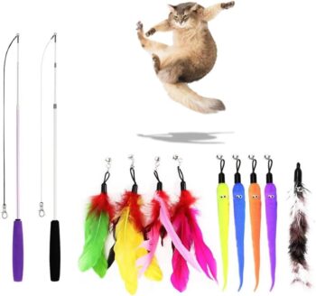 Interactive Cat Toy, Retractable Cat Toys Wand 2 Wands & 9 Assorted Teaser
