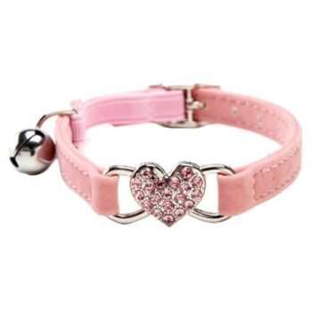 Heart Bling Cat Collar with Safety Belt and Bell 8-11 Inches (Pink)