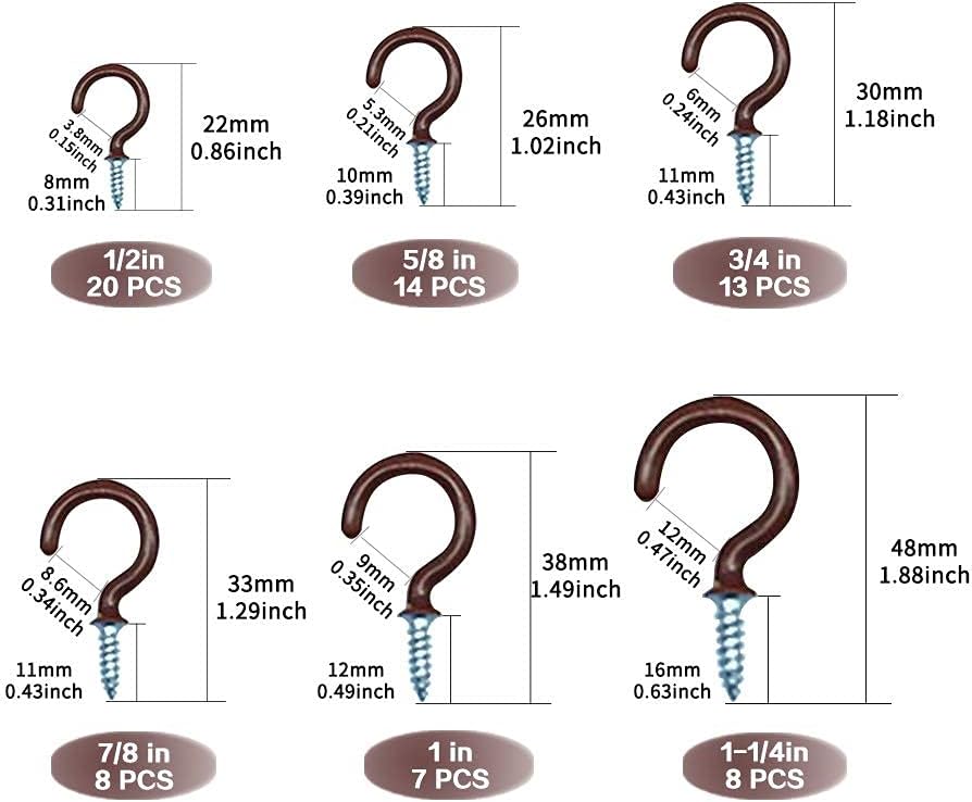 Vinyl Coated Screw-in Cup Hooks - 70Pack Ceiling Hooks in 6 Size for Hanging - Image 2