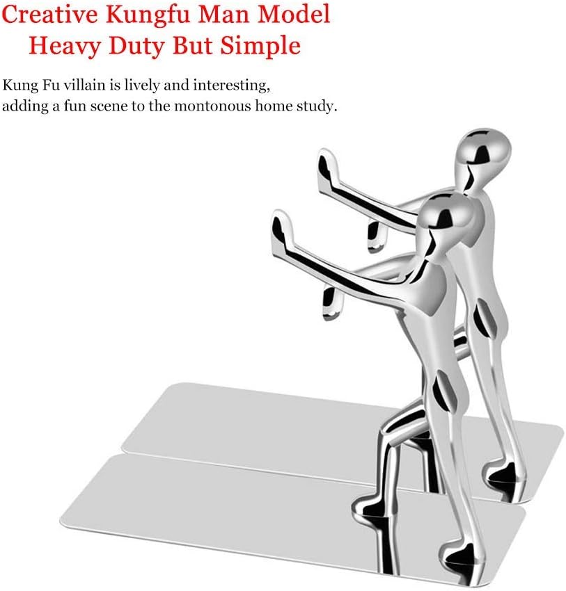Heavy Duty Bookends, 2 Pack Stainless Steel Kung Fu Man Book End, Creative Metal - Image 3