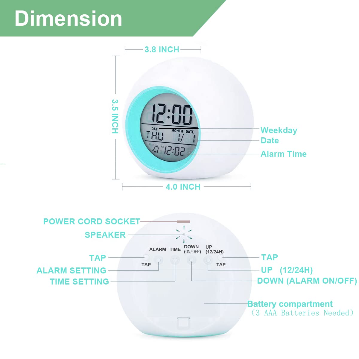 Kids Digital Alarm Clock, 7 Color Night Light, Snooze, Temperature Detect - Image 3