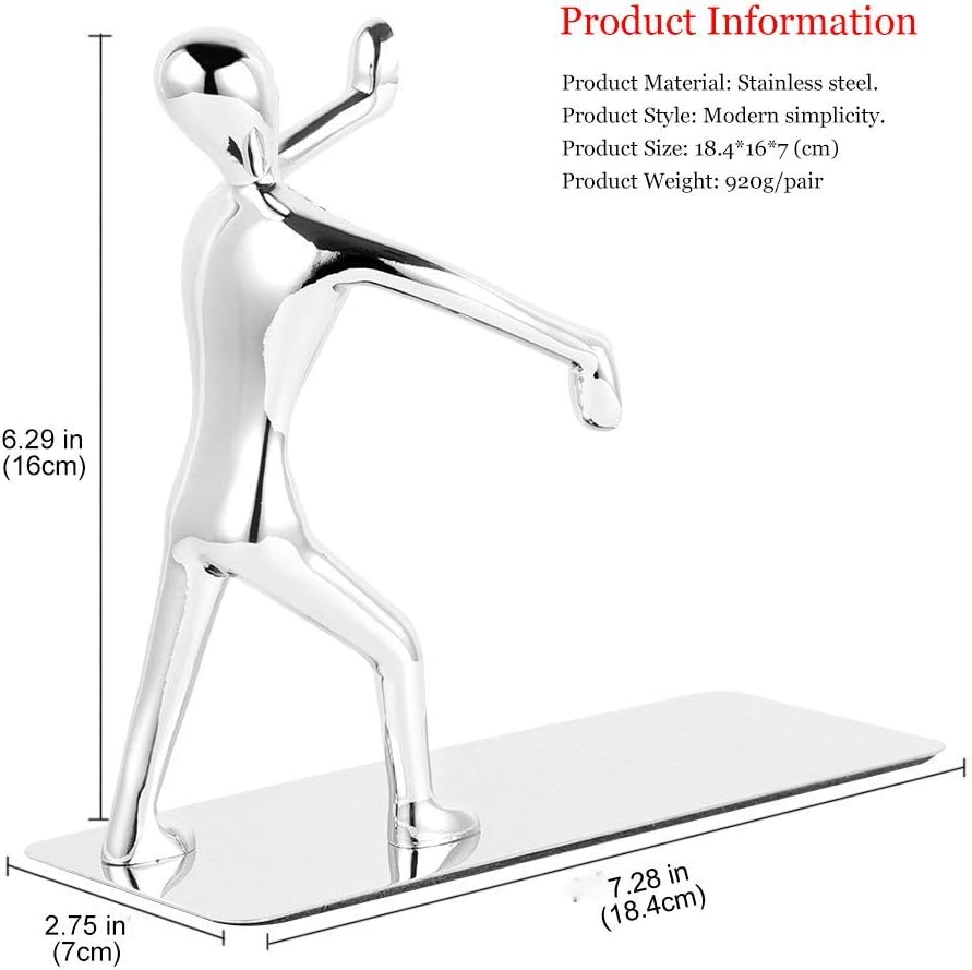 Heavy Duty Bookends, 2 Pack Stainless Steel Kung Fu Man Book End, Creative Metal - Image 4