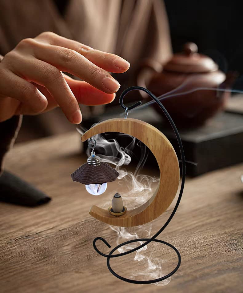 Solid Wood Moon Shape Hanging Backflow Incense Burner Waterfall Incense Holder - Image 3