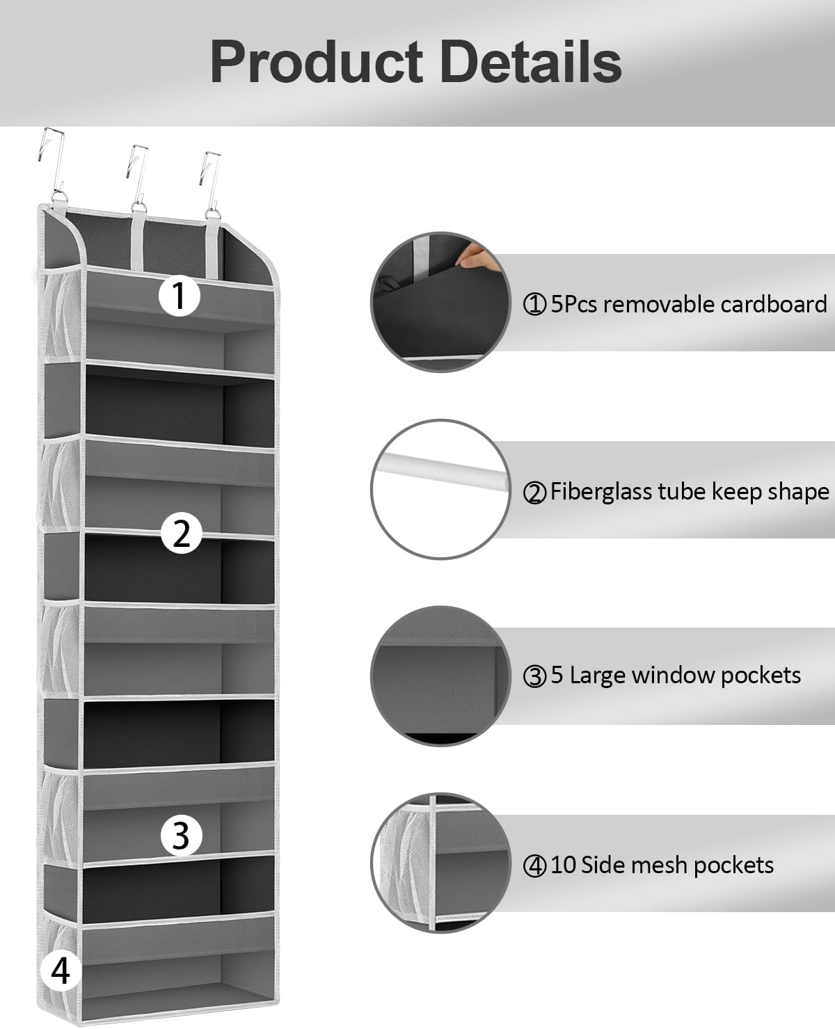 1 Pack Over The Door Storage Organizer with 5 Pockets 10 Mesh Side Pockets - Image 5