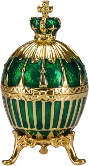Faberge style Ribbed Egg Trinket Jewel Box with Emperor's Crown 6,5 cm green