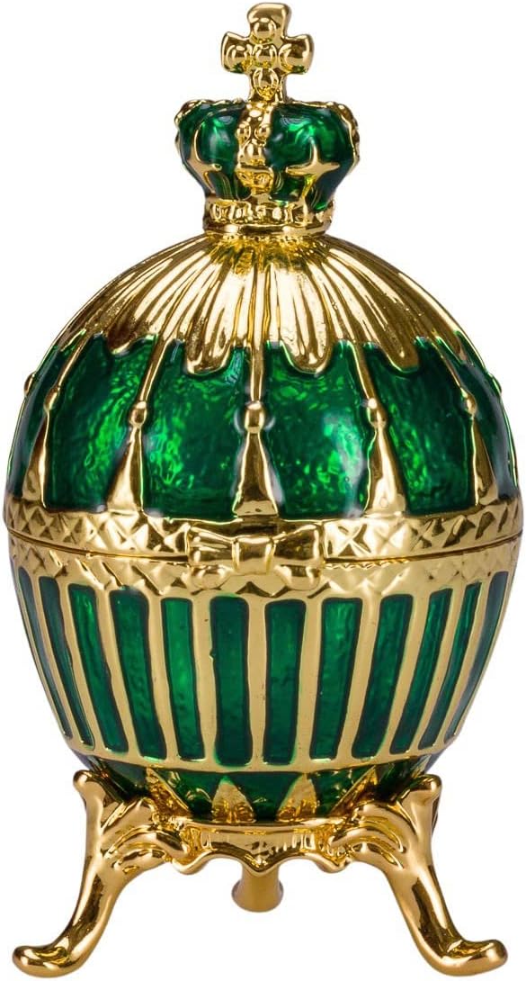 Faberge style Ribbed Egg Trinket Jewel Box with Emperor's Crown 6,5 cm green