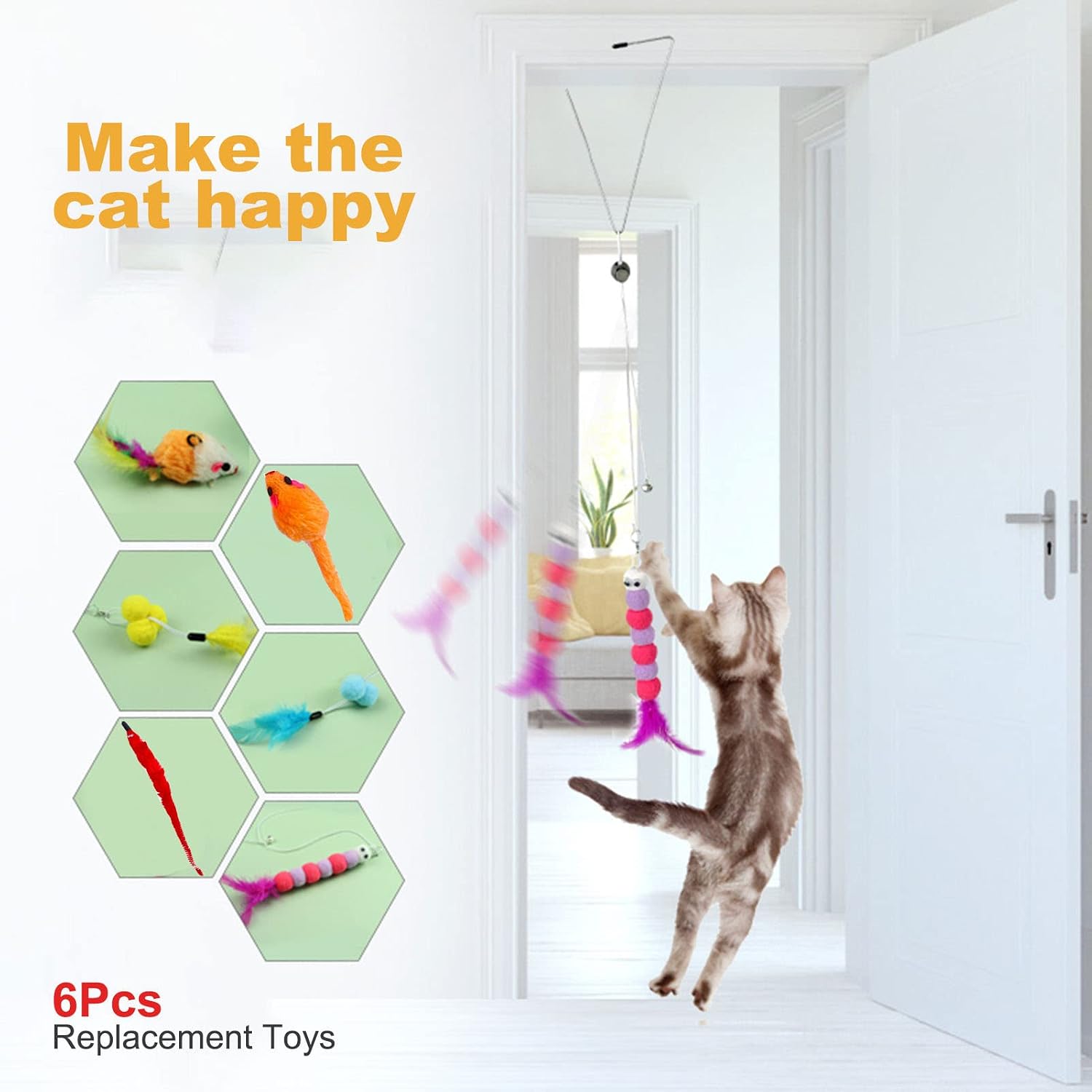 6 Pcs Hanging Door Cat Toys Kitten Teaser Feather, Kitten Toys, Retractable Cat - Image 5