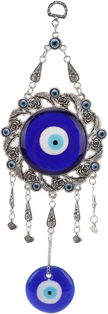 Turkish Glass Blue Evil Eye Wall Hanging Ornament, Hollow Flowers Wall Hanging