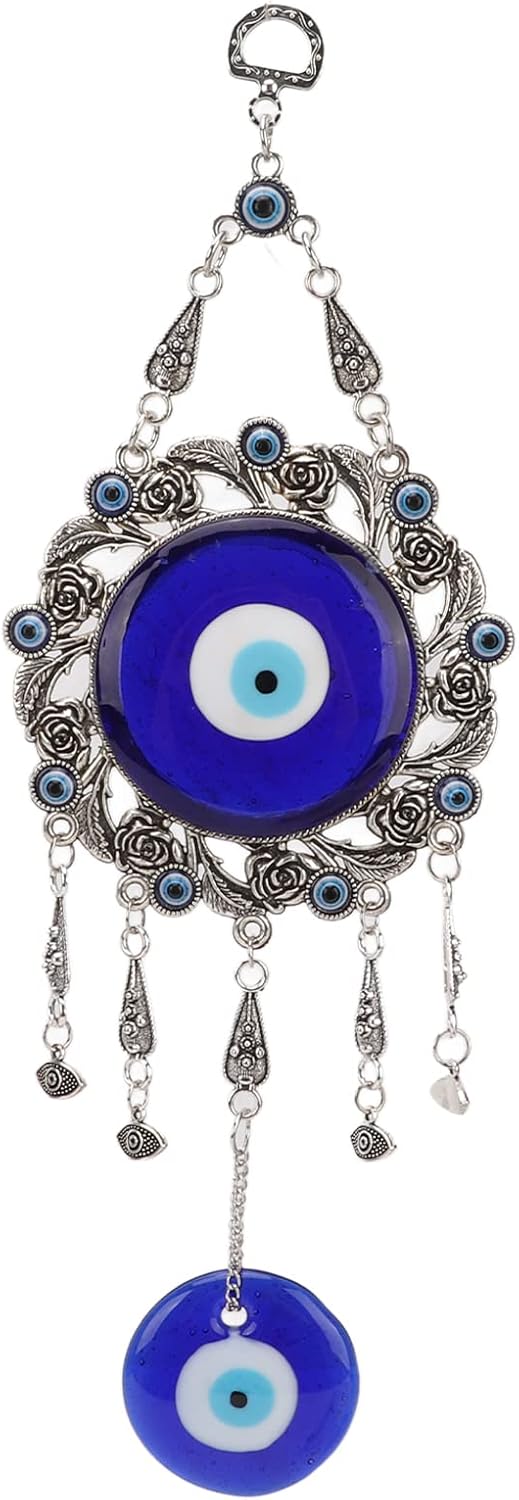Turkish Glass Blue Evil Eye Wall Hanging Ornament, Hollow Flowers Wall Hanging