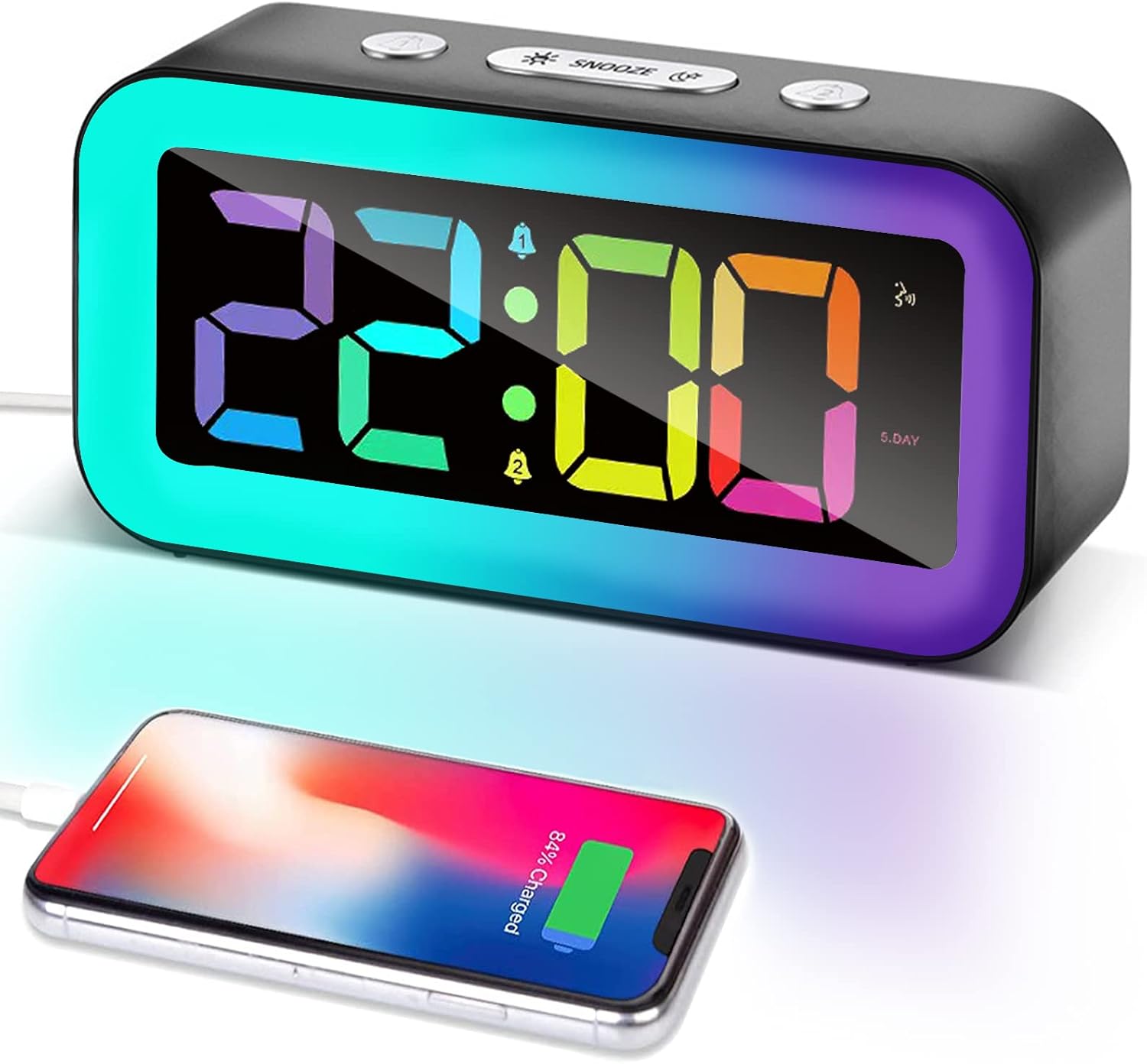 Super Loud Digital Alarm Clock, Dynamic RGB Smart Night Light, Adjustable Dimmer