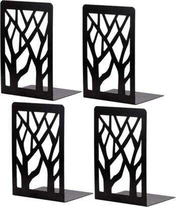 2 Pair Book Ends,Tree Design Black Bookends,Non-Skid Bookend Heavy Duty Metal