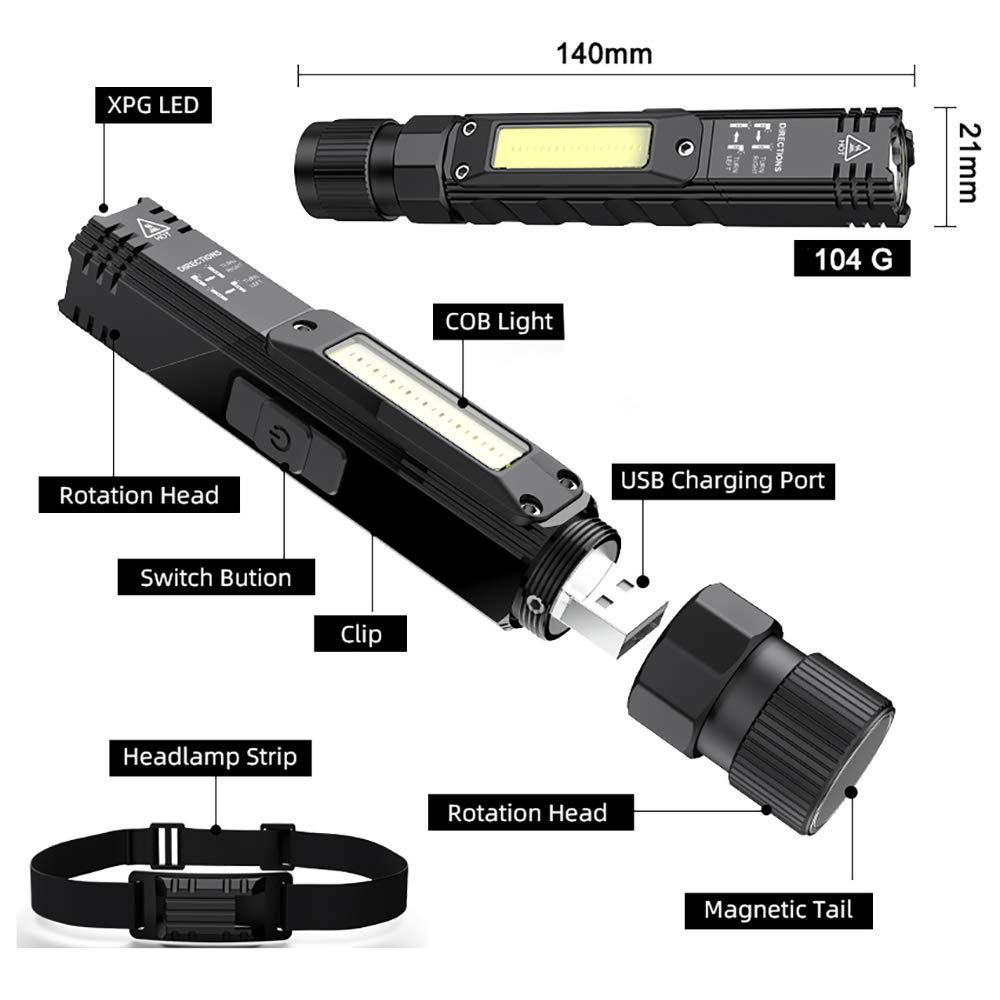 Portable Flashlight, 800 Lumens USB Rechargeable Tactical Flashlight, 90 Degree - Image 2